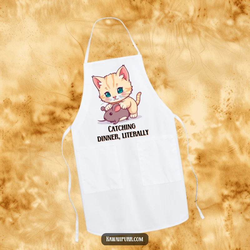 Funny kitten character in a dynamic pounce over a toy mouse, displayed on a practical apron, perfect for a humorous cooking experience.