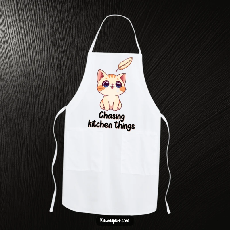 Funny surprised cat character looking up at a feather while wearing an apron, ready for kitchen adventures.