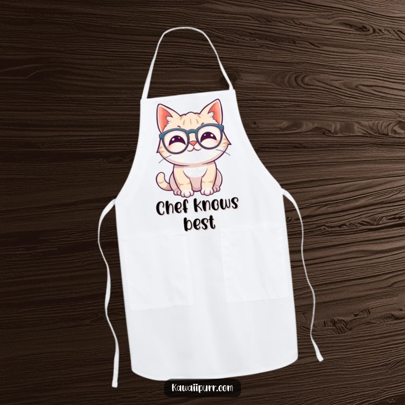Funny kawaii cat wiggling ears, wearing oversized spectacles, wearing a kitchen apron.