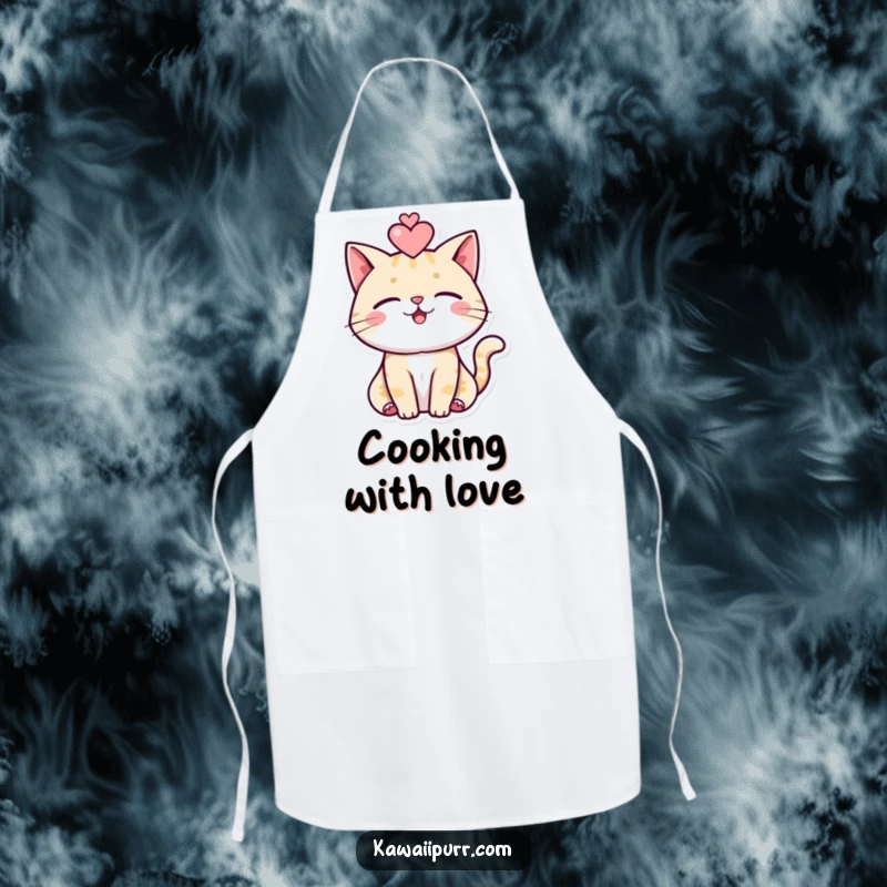Funny cat apron depicting a purring cat with a heart above its head, suitable for kitchen use and gifts.