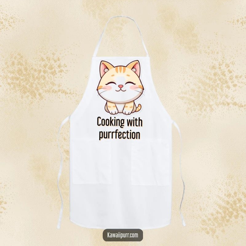 Funny apron with a smiling, purring cat character, eyes closed, perfect for kitchen calm.