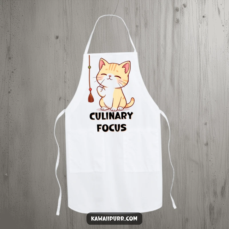 Funny kawaii cat batting a dangling string with great concentration, wearing a kitchen apron.