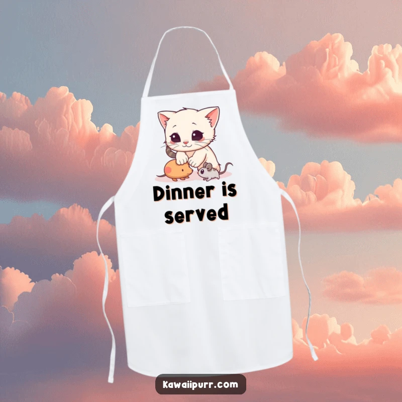 Funny Apron showcasing a kitten character in a playful pounce on a toy mouse, bringing energetic and humorous vibes to the kitchen.