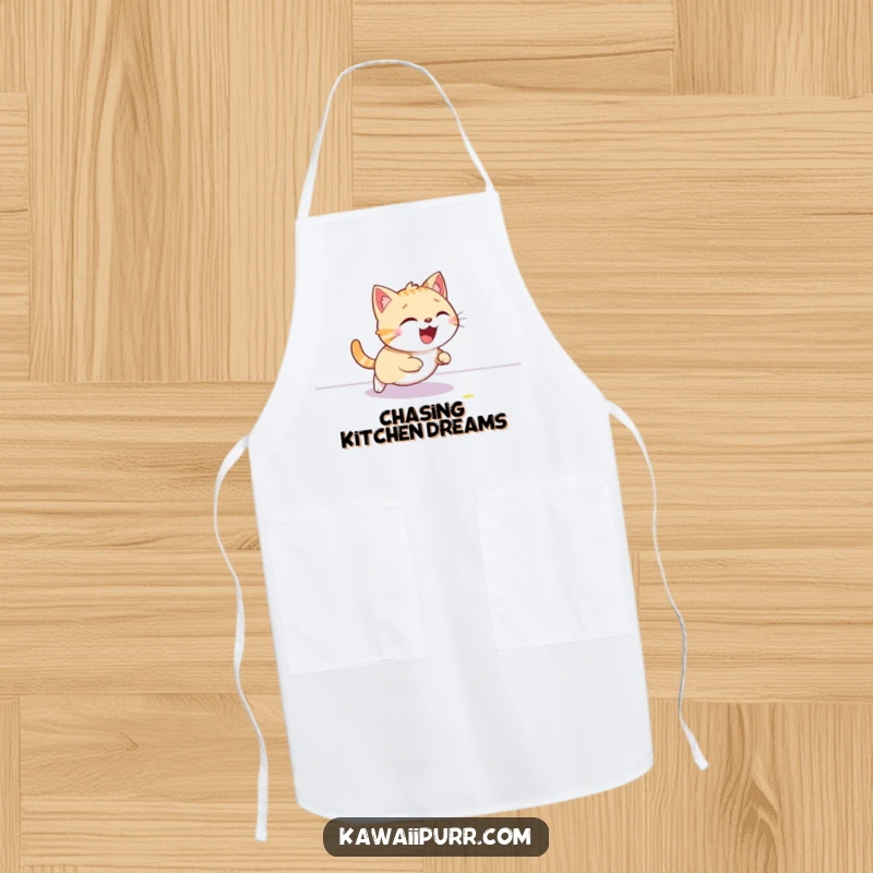 Funny cat apron, giggling with excitement while chasing a red laser dot, adding playful charm to the kitchen.