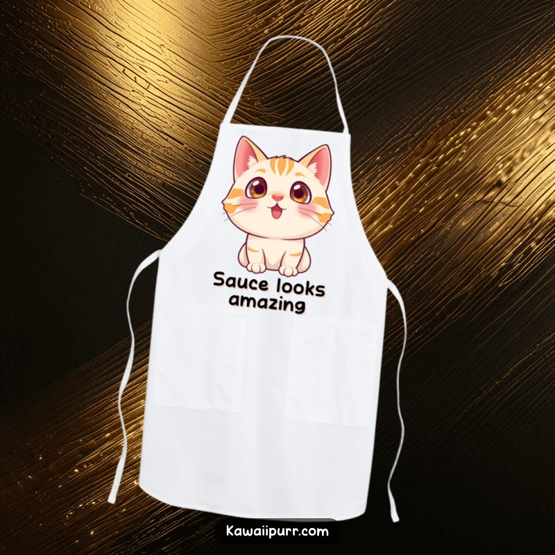 Funny cat character with excited eyes looking up, ready for culinary discovery on an apron.