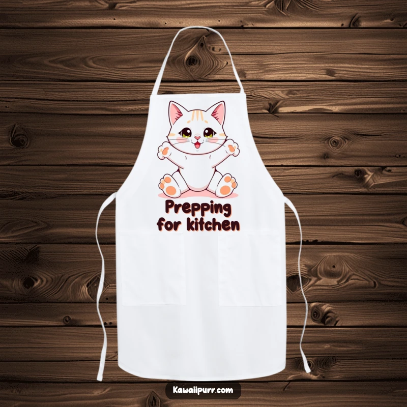 Funny Cat Apron, a cat performing a wide-pawed stretch, ideal for kitchen activities.
