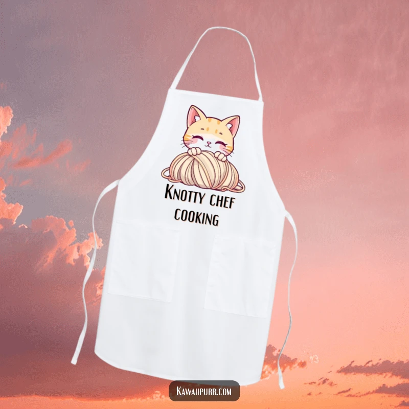 Funny apron with a curious cat peeking over yarn, perfect for kitchen fun.