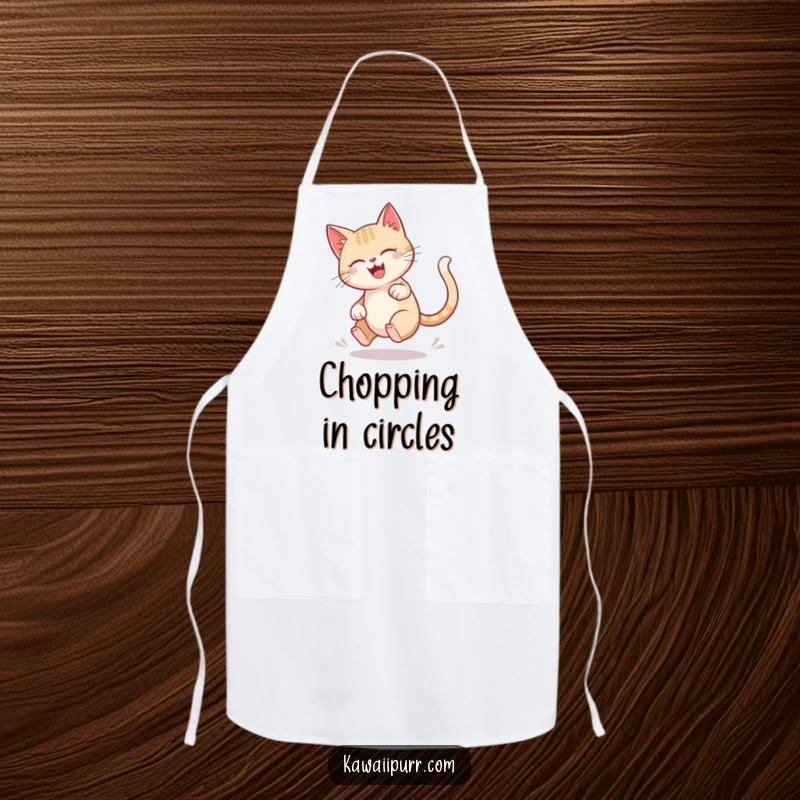 Funny cat apron showing a character joyfully spinning in a blur while chasing its tail in a circle.