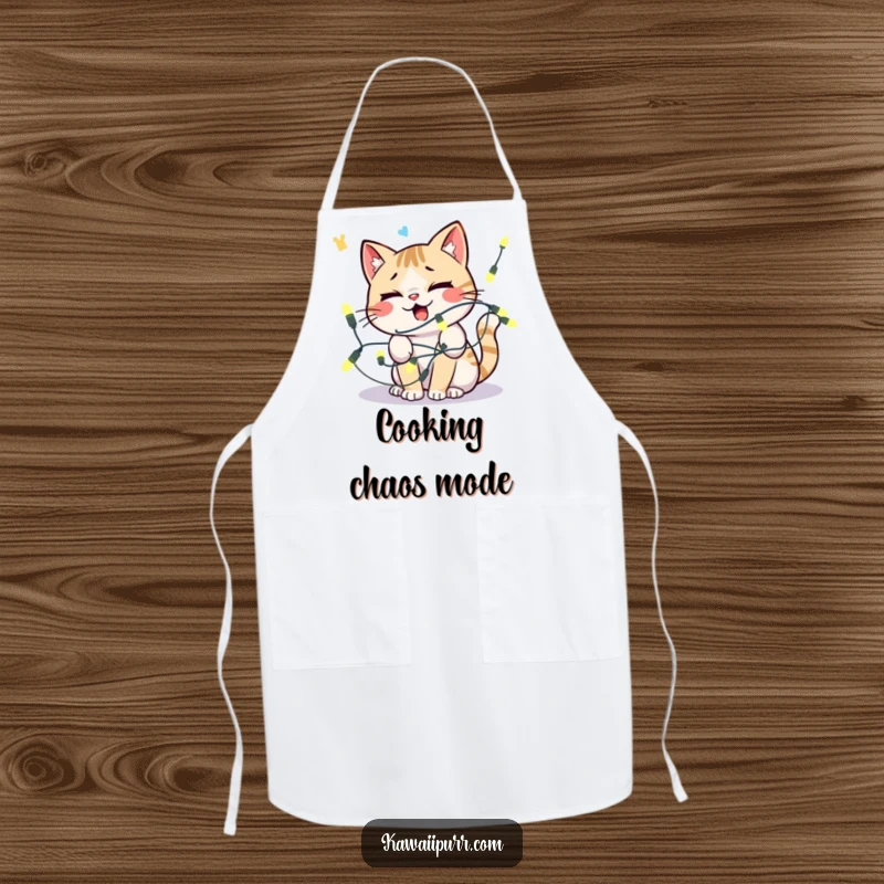 Funny kawaii cat tangled in lights, looking comically distressed, wearing a kitchen apron.
