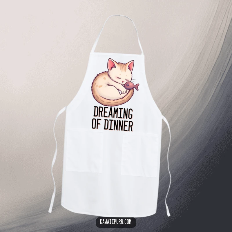 Funny Kitten Fish Dream Apron showing a sleeping kitten dreaming of catching fish, ideal for kitchen humor.