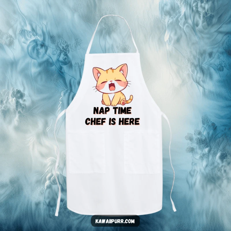 Funny Apron showcasing a lazy kitten character yawning widely while stretching, bringing humorous vibes to the kitchen for cooks and bakers.