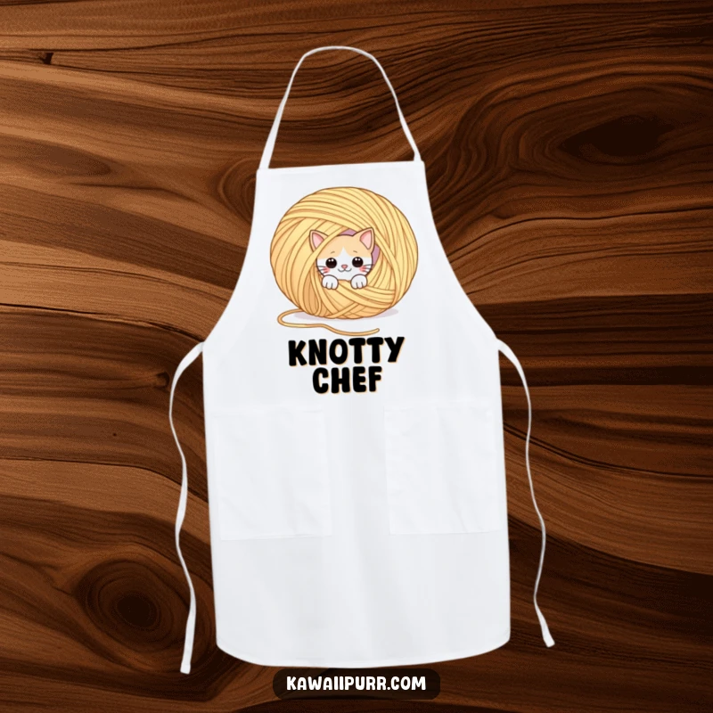 Funny apron featuring a playful cat peeking from behind a giant ball of yarn. Adds fun to kitchen tasks.