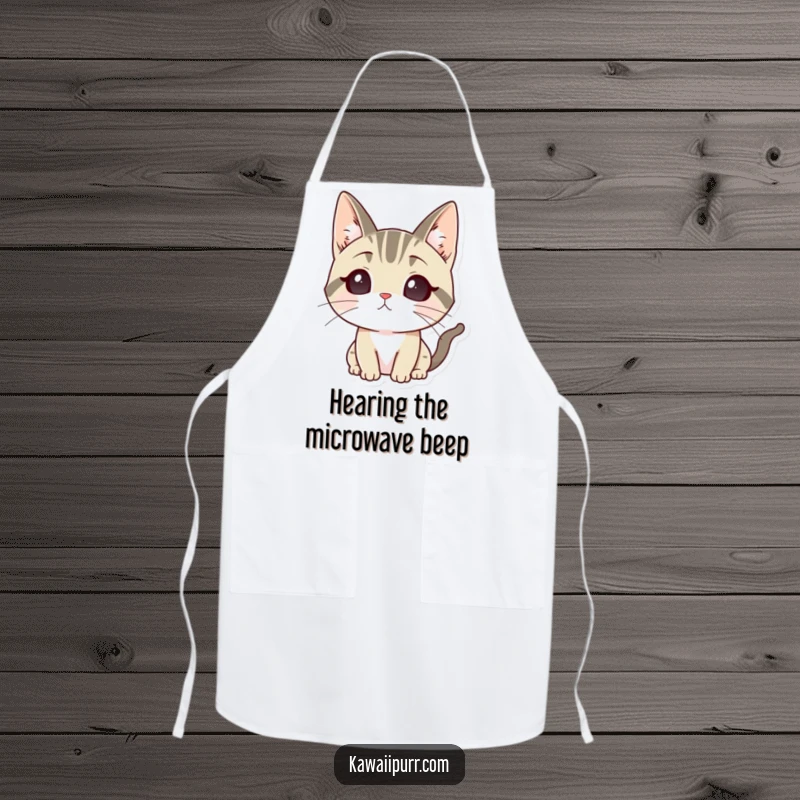Funny apron with a cartoon cat character with ears perked high, listening intently, perfect for the observant cook.