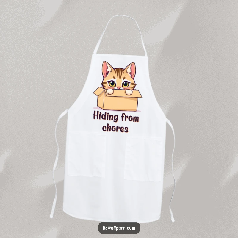 Funny apron showing a mischievous tabby cat hiding inside a cardboard box, peeking out with bright eyes.