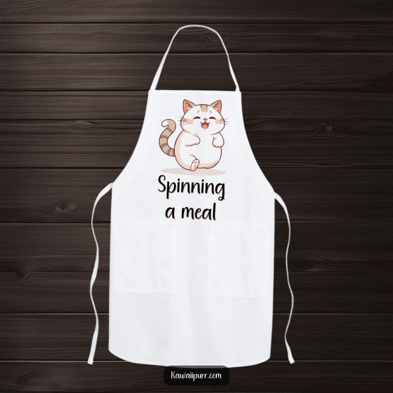 Funny Apron: A plump cat chasing its own tail with a look of delighted confusion, ready for kitchen fun.