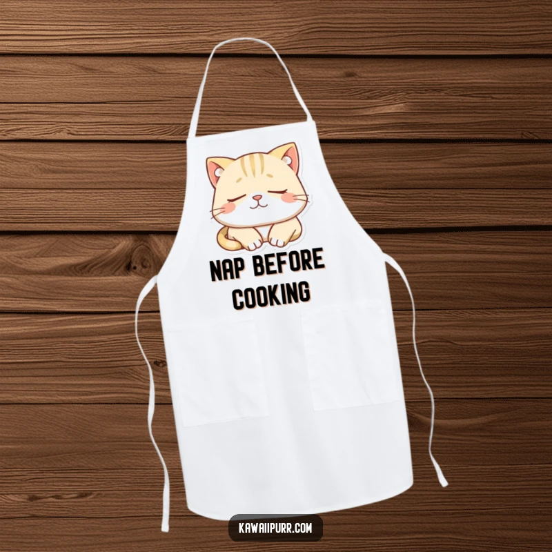 Funny apron featuring a sleepy cat character dozing peacefully with a smile. Perfect for calm kitchen endeavors.