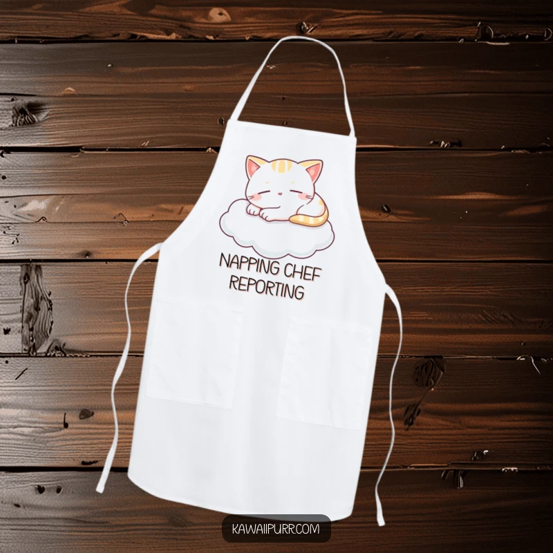 Funny apron showing a kawaii cat napping blissfully on a cloud with a tiny smile, adding peaceful humor to culinary tasks.