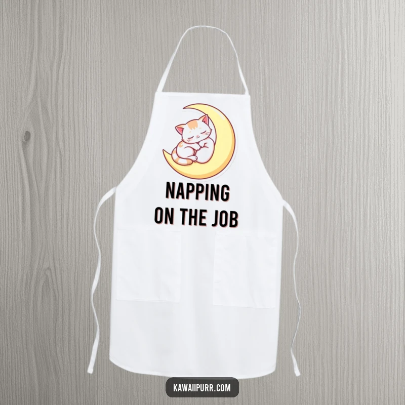 Funny apron with a sleepy cat resting on a crescent moon, perfect for cooks who enjoy a calm and peaceful atmosphere while preparing meals.