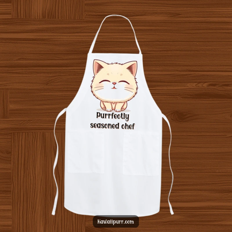 Funny fluffy cat apron showing a happy character purring with closed eyes and vibrating lines, ready for kitchen fun.