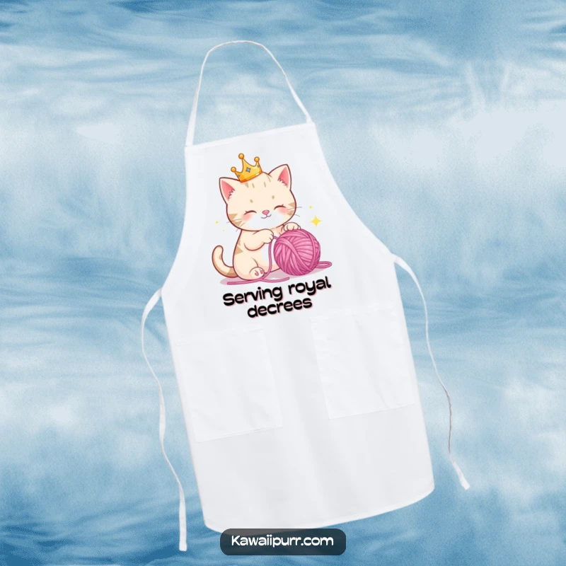 Funny Apron: A cat queen in a crown batting playfully at a sparkling yarn ball, ready for kitchen duty.