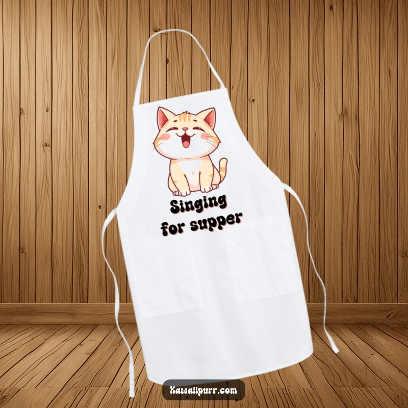 Funny Cat Apron: An apron illustrating a cat happily meowing upwards, mouth open, ready to cook with joy.
