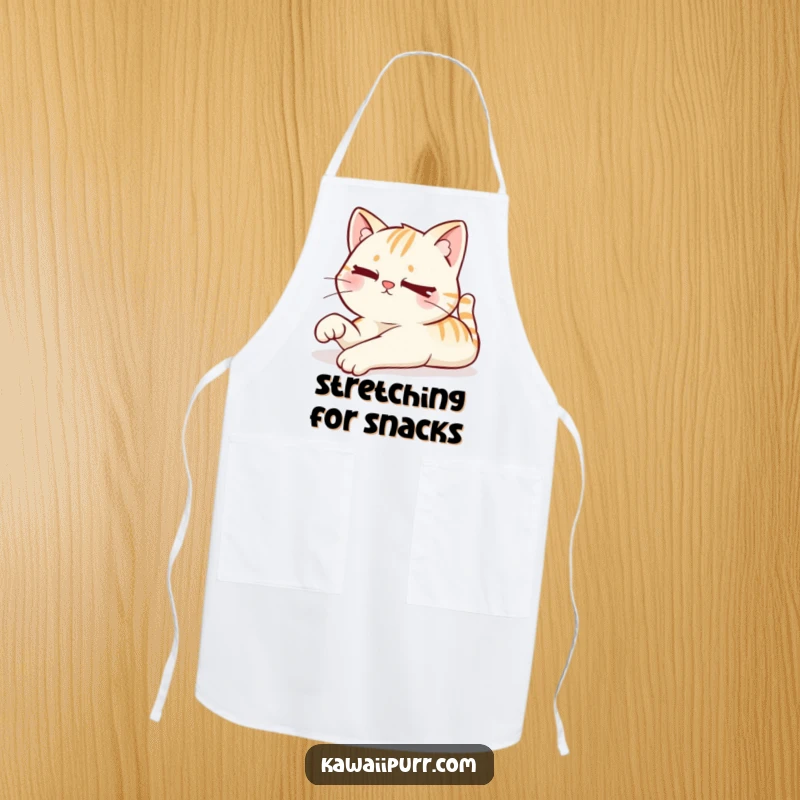 Funny apron showing a kawaii cat stretching lazily with a mischievous wink, adding playful humor to culinary tasks.