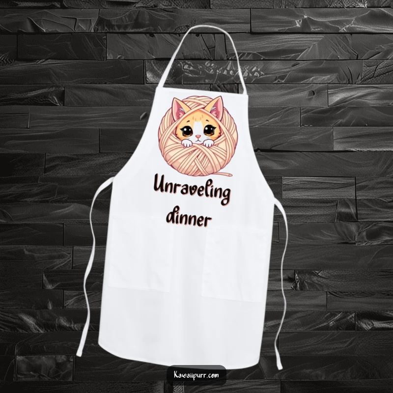 Funny cat apron with a curious cat peeking from behind a yarn ball, ideal for kitchen use.