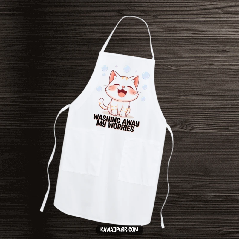 Funny apron with a cartoon cat chef character in a fit of laughter, surrounded by playful, soapy bubbles while cooking.