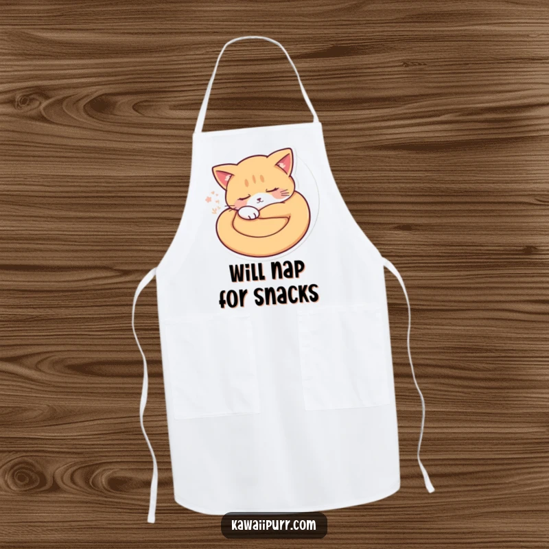 Funny sleepy cat curled up, emitting purr vibrations, on a kitchen apron. A humorous and practical gift.