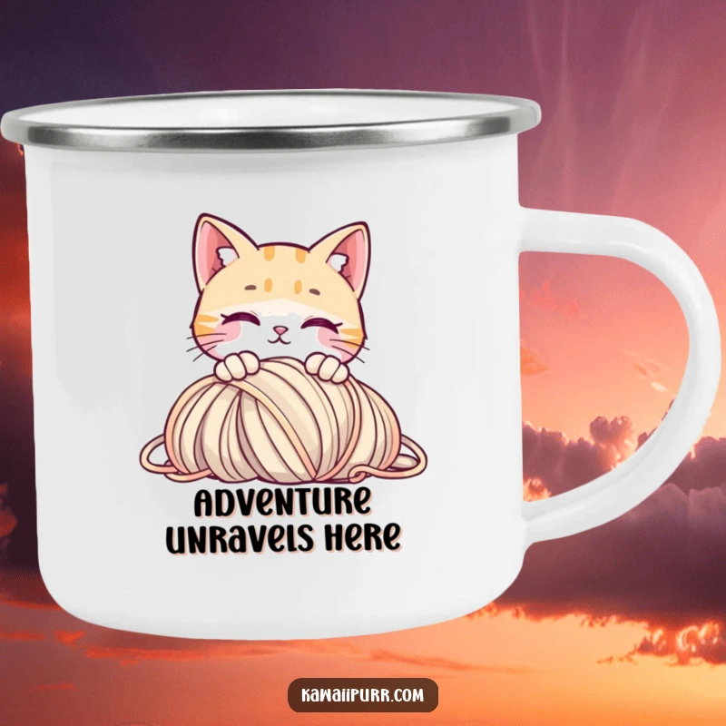 Funny camping mug featuring a curious cat peeking over yarn, perfect for outdoor exploration.
