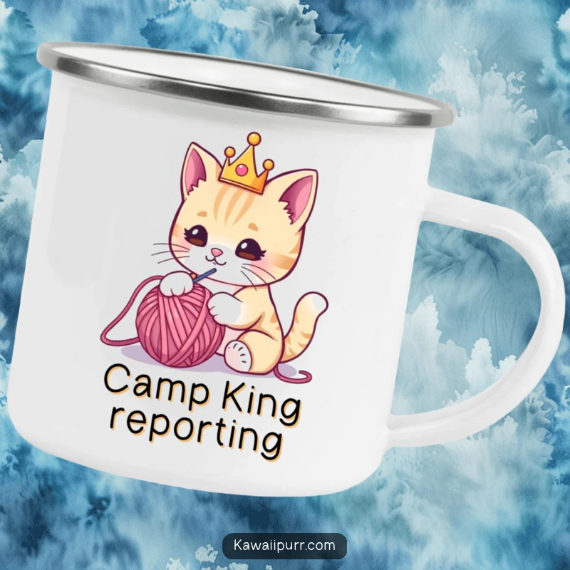 Funny camping mug with a cute kawaii cat in a crown, playing with a yarn ball, bringing regal humor to outdoor brews.