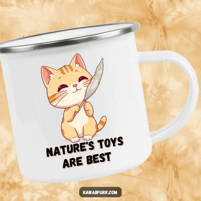 Funny cat character batting at a feather, ready for outdoor fun on a robust camping mug.