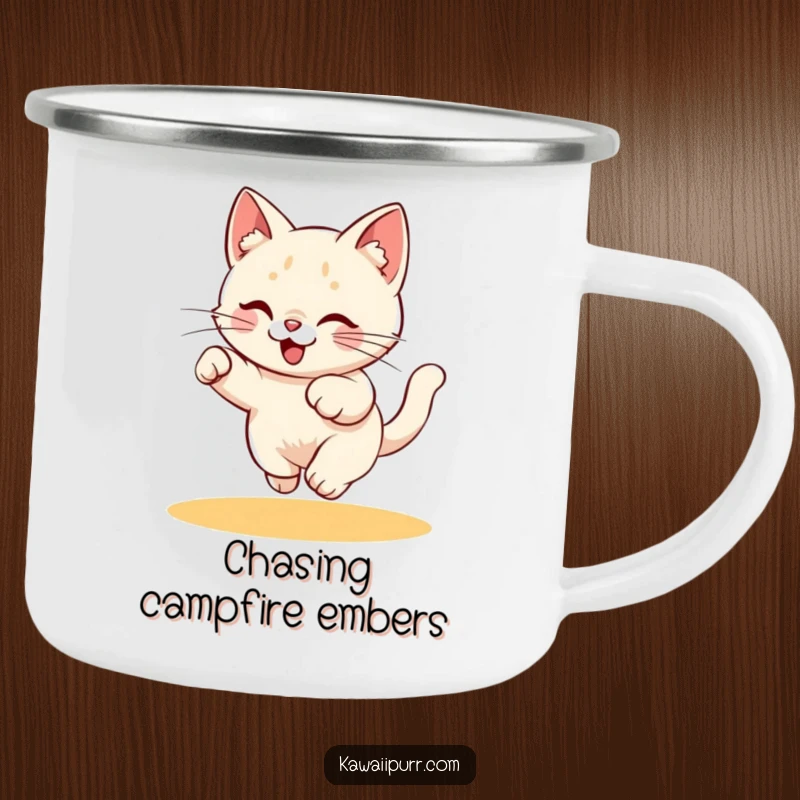 Funny Camping Mug: Sturdy enamel mug with a playful kitty energetically chasing a laser pointer dot, great for outdoor fun.