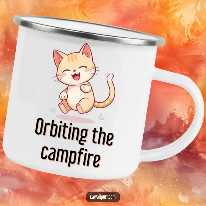 Funny cat camping mug depicting a character joyfully spinning in a blur while chasing its tail.