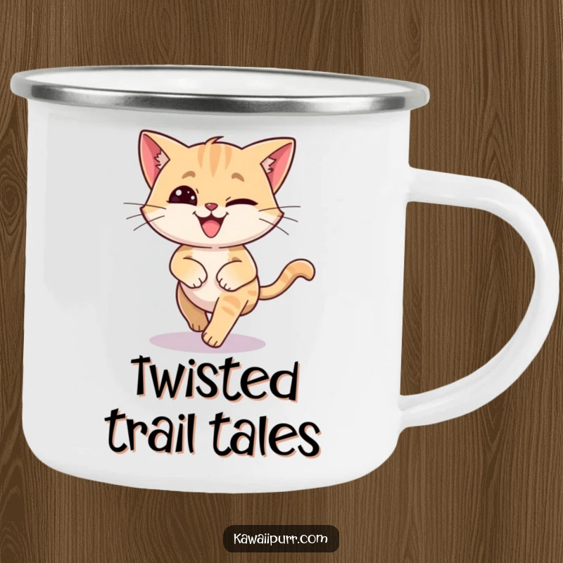 Funny camping mug featuring a silly cat with a grin, spinning dizzily while chasing its tail. Perfect for outdoor laughs.