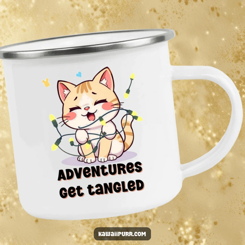 Funny kawaii cat tangled in lights, looking comically distressed, holding a camping mug.