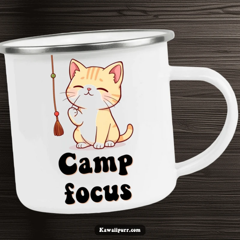 Funny kawaii cat batting a dangling string with great concentration, holding a camping mug.