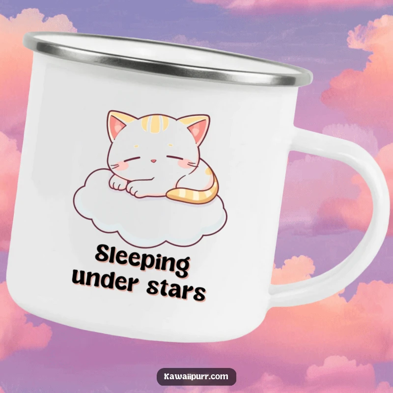 Funny camping mug with a kawaii cat napping blissfully on a cloud with a tiny smile, bringing serene humor to outdoor brews.