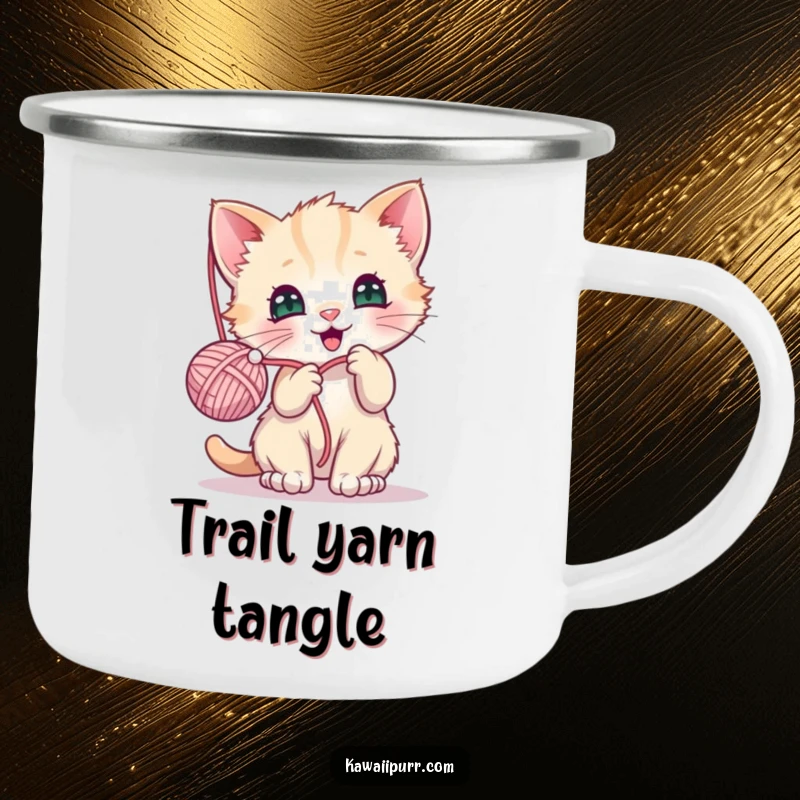 Funny enamel camping mug showing a kawaii kitten joyfully playing with yarn, perfect for outdoor cat enthusiasts.