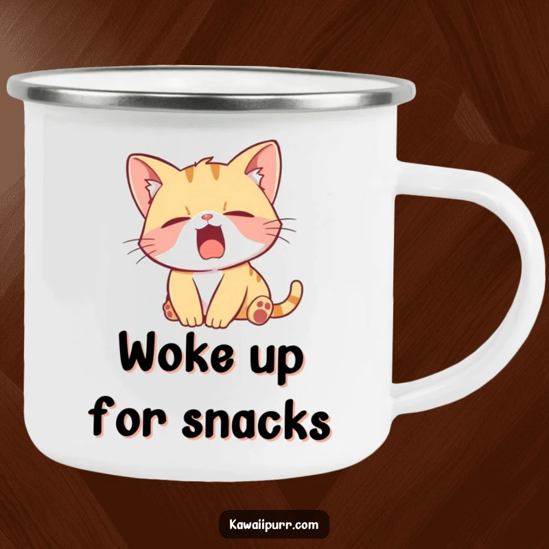 Funny Camping Mug showcasing a lazy kitten character stretching and yawning, perfect for enjoying beverages outdoors with a humorous and charming touch.