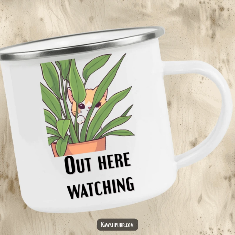 Funny Peek-a-Boo Cat Camping Mug with a playful cat character peeking from behind a houseplant, perfect for outdoor enjoyment.