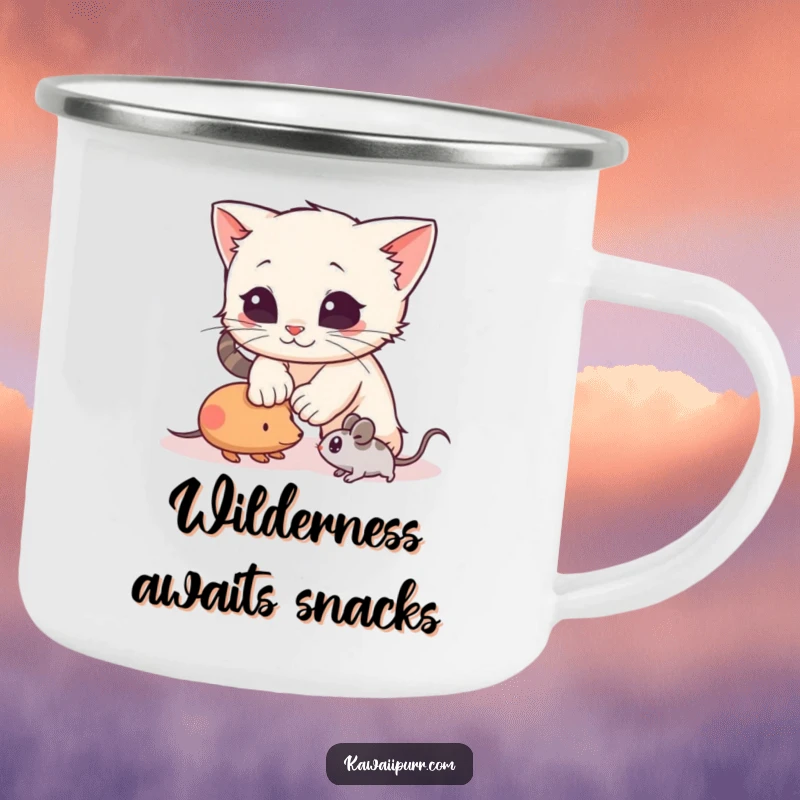 Funny Camping Mug showcasing a kitten character mid-pounce on a toy mouse, perfect for enjoying beverages outdoors with playful and humorous charm.