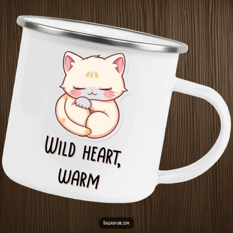 Funny camping mug showcasing a purring cat in a heart shape, eyes closed, perfect for cozy outdoor enjoyment.