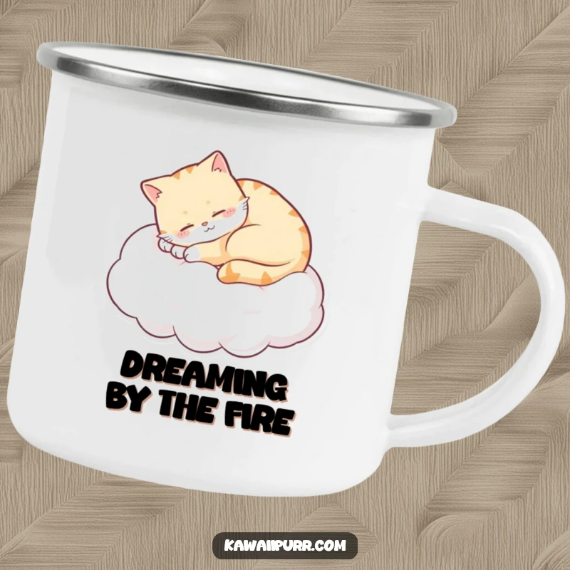 Funny sleepy cat curled on a cloud, purring with a content smile, on a sturdy camping mug. A humorous and portable companion.