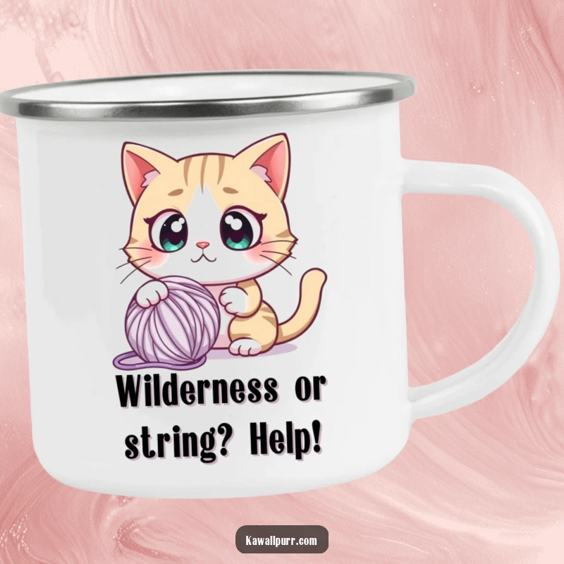 Funny camping mug featuring a cartoon cat with comically wide eyes, looking startled by a playful yarn ball, perfect for outdoor fun.