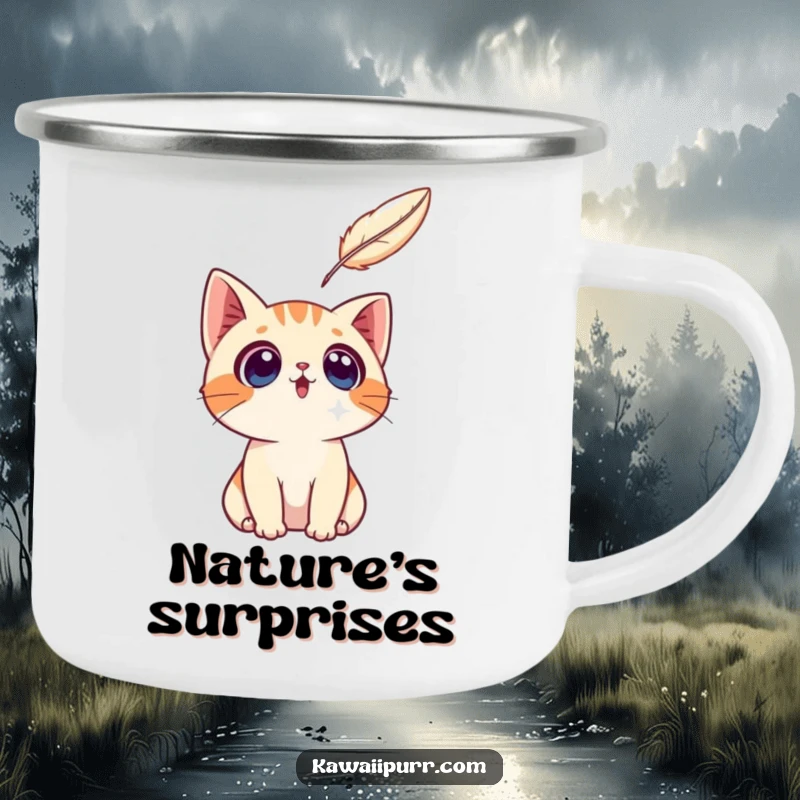 Funny surprised cat character captivated by a floating feather on a sturdy camping mug, for outdoor cat fans.