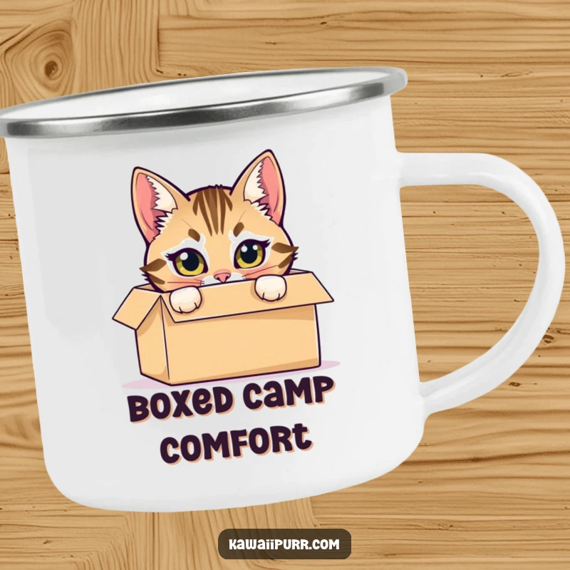 Funny camping mug showing a mischievous tabby cat hiding inside a cardboard box, peeking out with bright eyes.