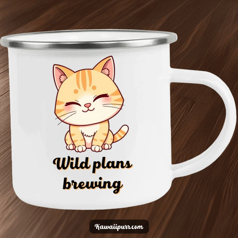 Funny Camping Mug showcasing a cat character winking with a mischievous grin, perfect for enjoying beverages outdoors with playful and humorous charm.