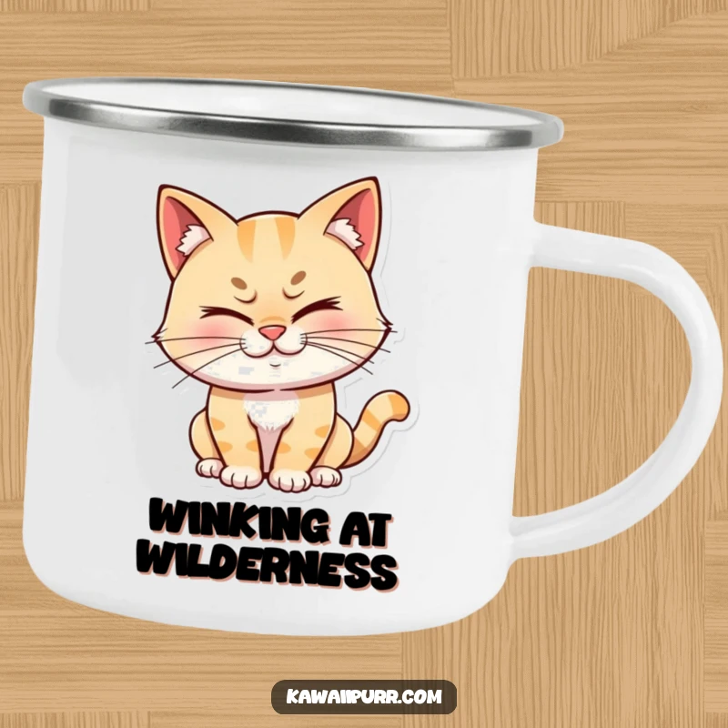 Funny cat character winking with a mischievous grin, depicted on a sturdy camping mug, adding playful charm to outdoor settings.