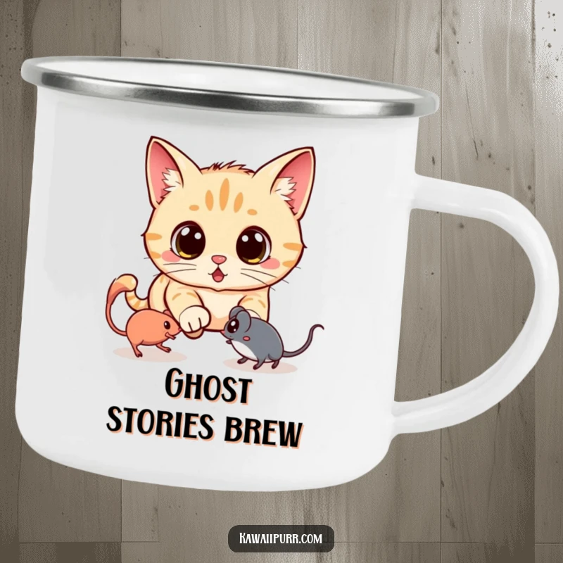 Funny camping mug with a kawaii cat wide-eyed, chasing a spectral mouse, bringing playful spookiness to outdoor beverages.